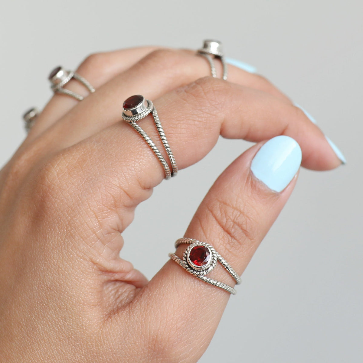 Round Garnet Ring, Twisted Silver Ring