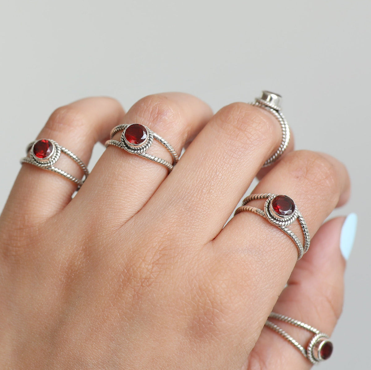 Round Garnet Ring, Twisted Silver Ring