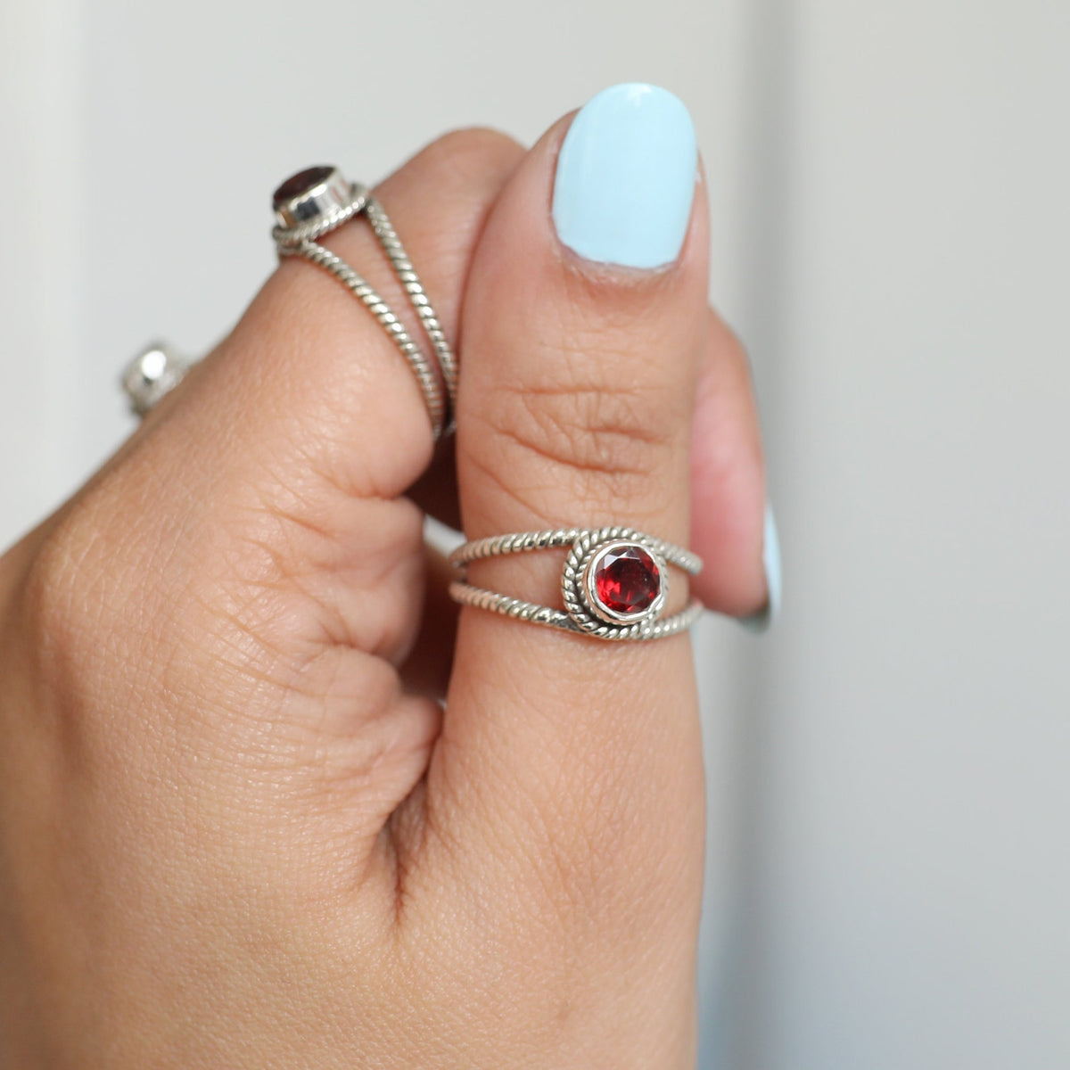 Round Garnet Ring, Twisted Silver Ring