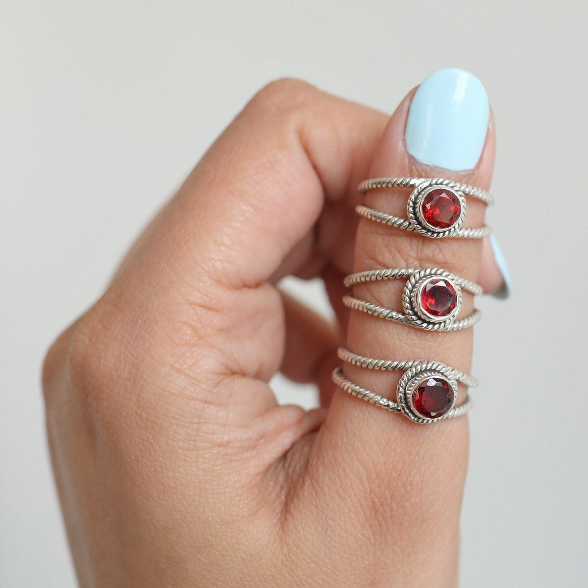 Round Garnet Ring, Twisted Silver Ring