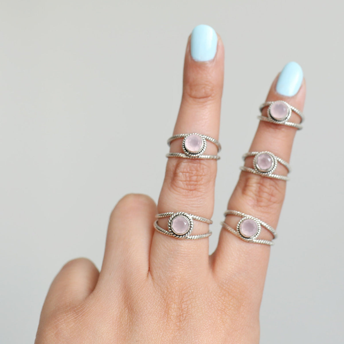Round Rose Quartz Ring, Twisted Silver Ring