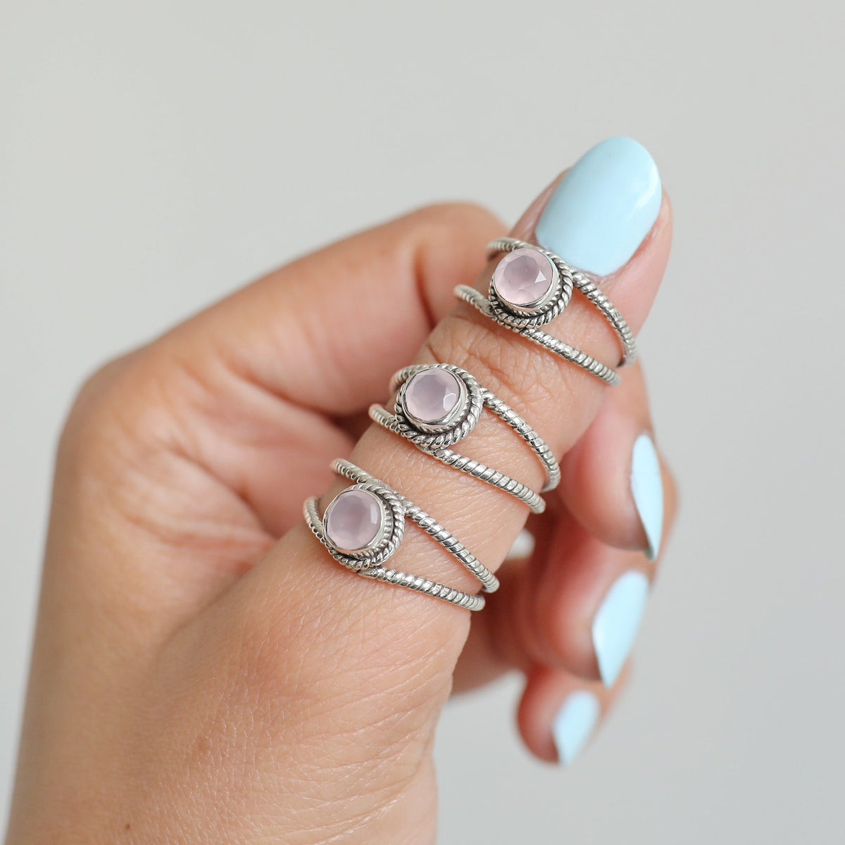 Round Rose Quartz Ring, Twisted Silver Ring