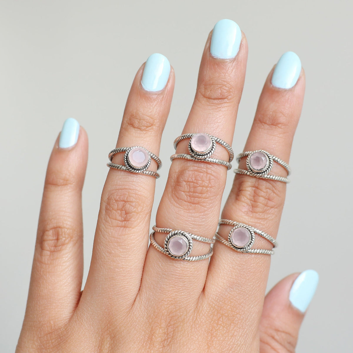 Round Rose Quartz Ring, Twisted Silver Ring