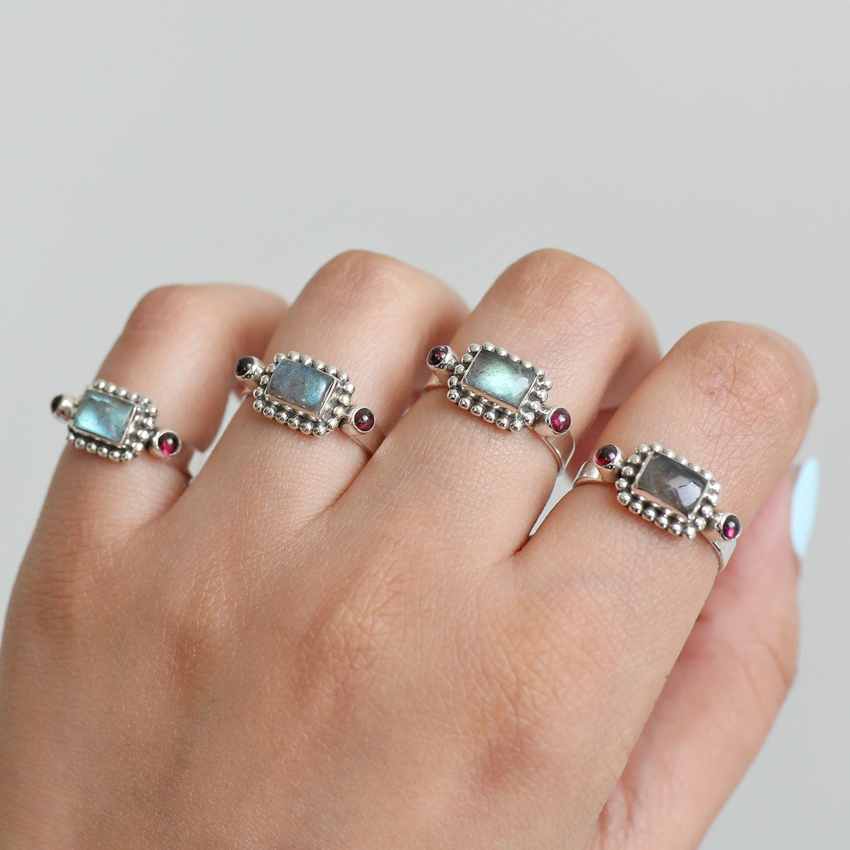 Natural Labradorite & Raspberry Garnet Sterling Silver Boho Ring