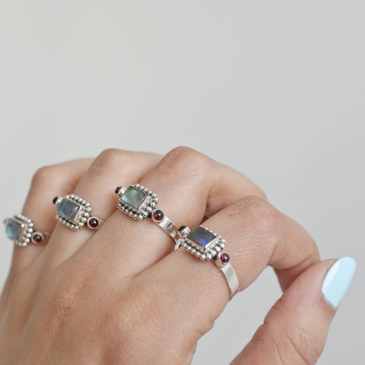 Natural Labradorite & Raspberry Garnet Sterling Silver Boho Ring