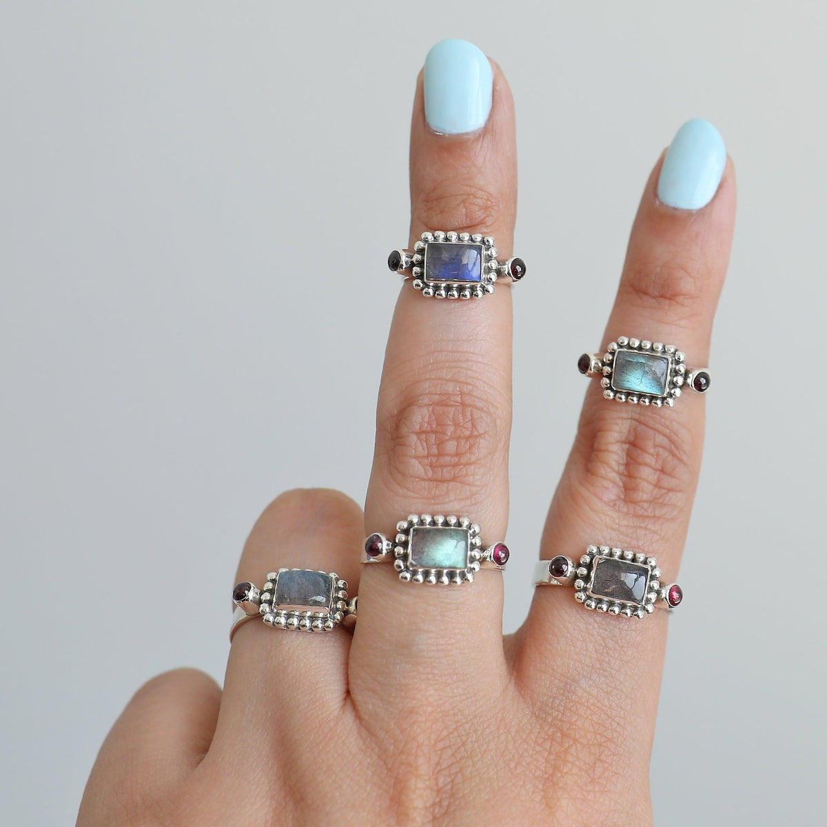 Natural Labradorite & Raspberry Garnet Sterling Silver Boho Ring