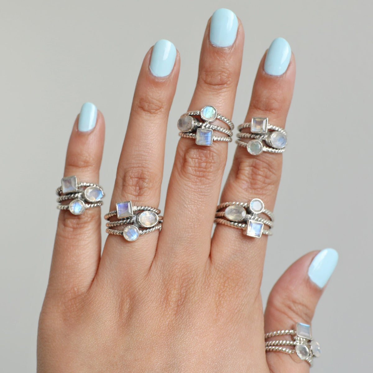 Blue Moonstone Three Stone Ring, Rainbow Crystal Ring
