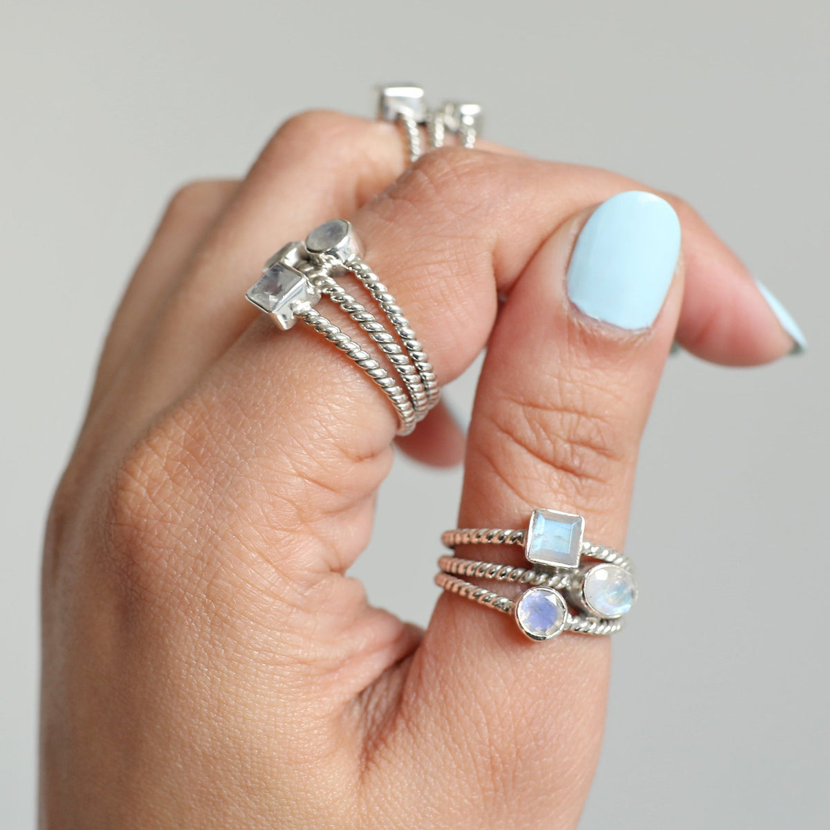 Blue Moonstone Three Stone Ring, Rainbow Crystal Ring