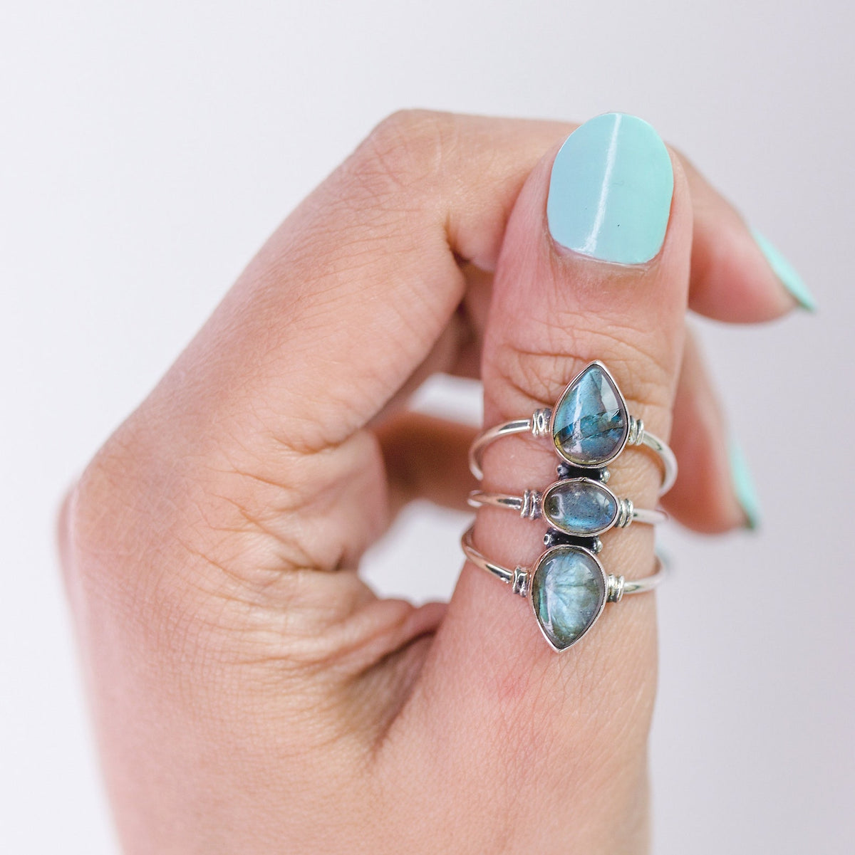 Three Stone Labradorite Sterling Silver Ring, Statement Rings