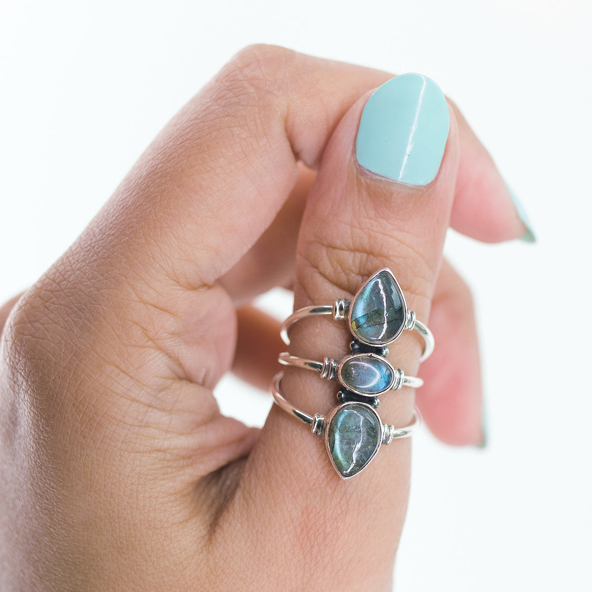 Three Stone Labradorite Sterling Silver Ring, Statement Rings