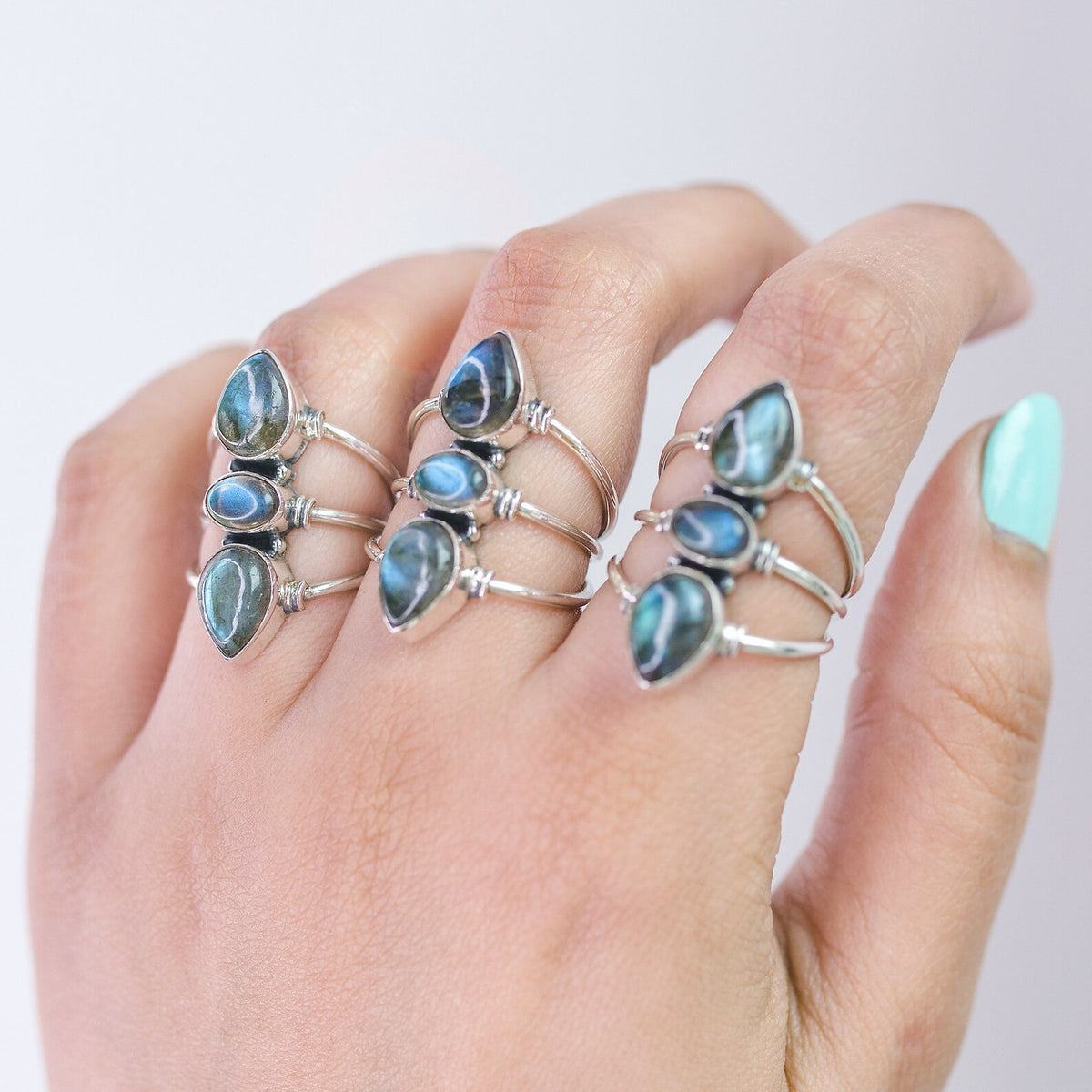 Three Stone Labradorite Sterling Silver Ring, Statement Rings