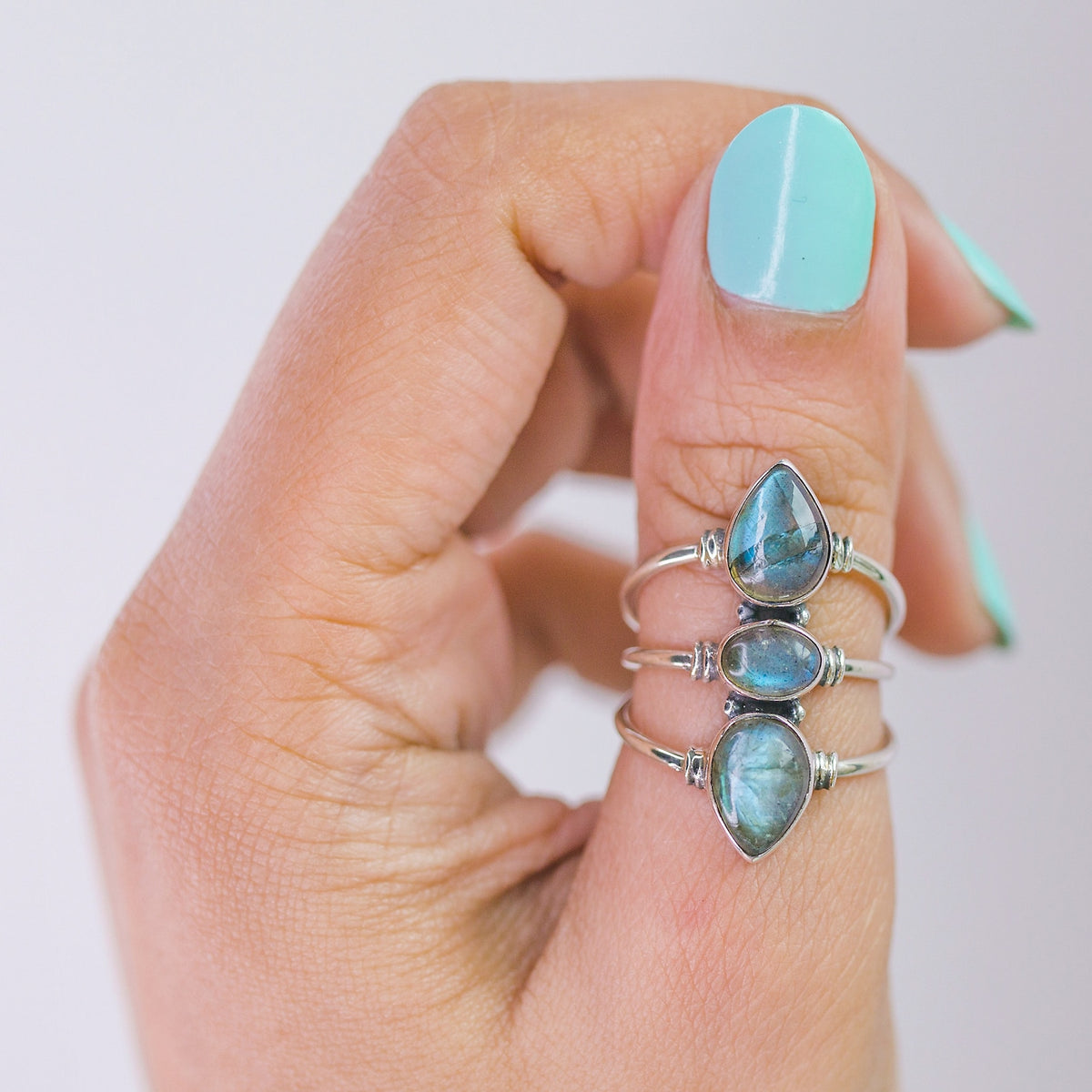 Three Stone Labradorite Sterling Silver Ring, Statement Rings