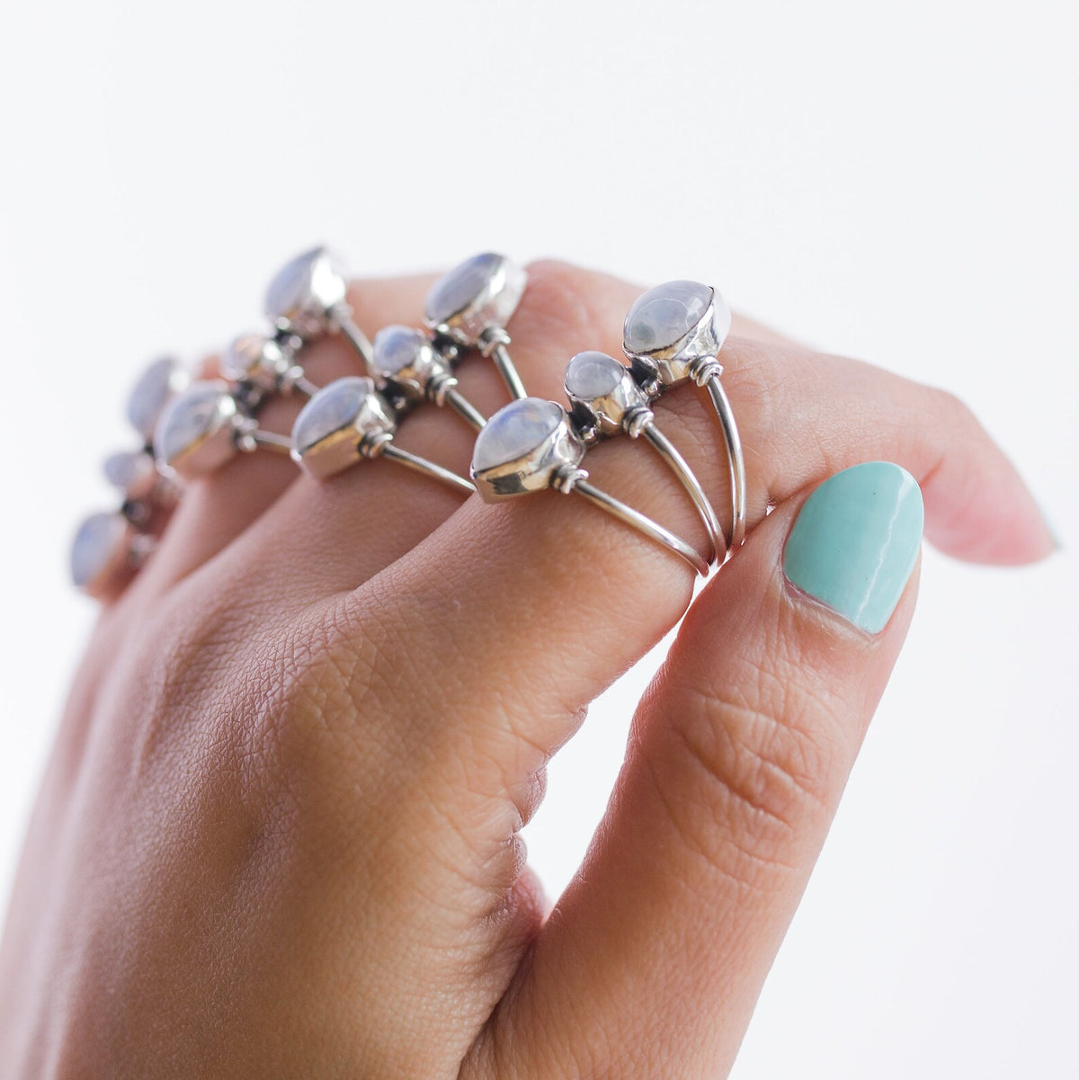 Three Gemstone Rainbow Moonstone Sterling Silver Ring, Statement Rings