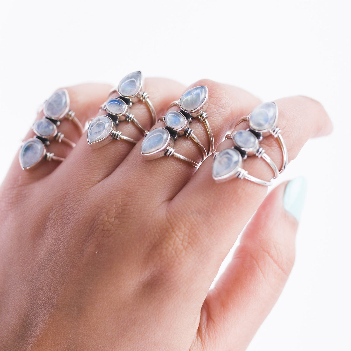 Three Gemstone Rainbow Moonstone Sterling Silver Ring, Statement Rings