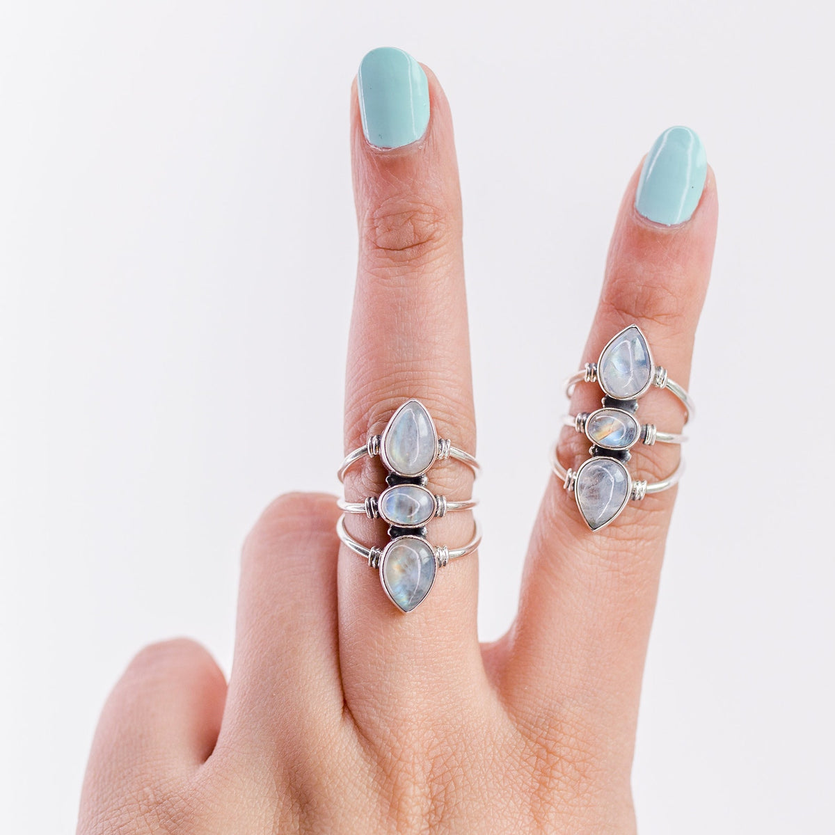 Three Gemstone Rainbow Moonstone Sterling Silver Ring, Statement Rings