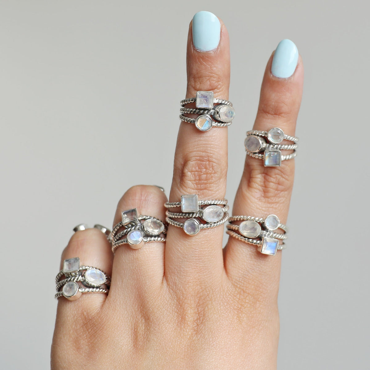 Blue Moonstone Three Stone Ring, Rainbow Crystal Ring