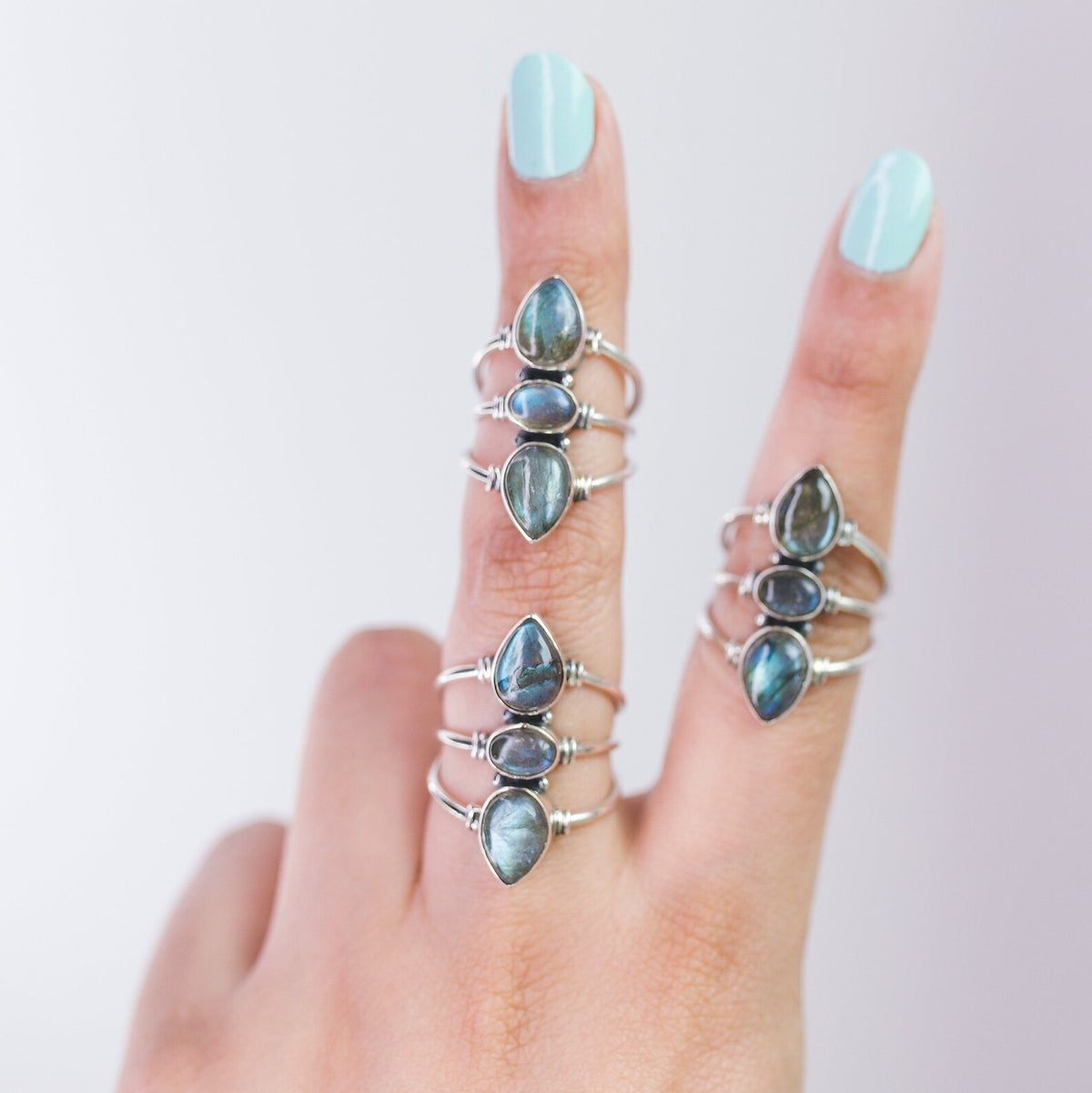 Three Stone Labradorite Sterling Silver Ring, Statement Rings