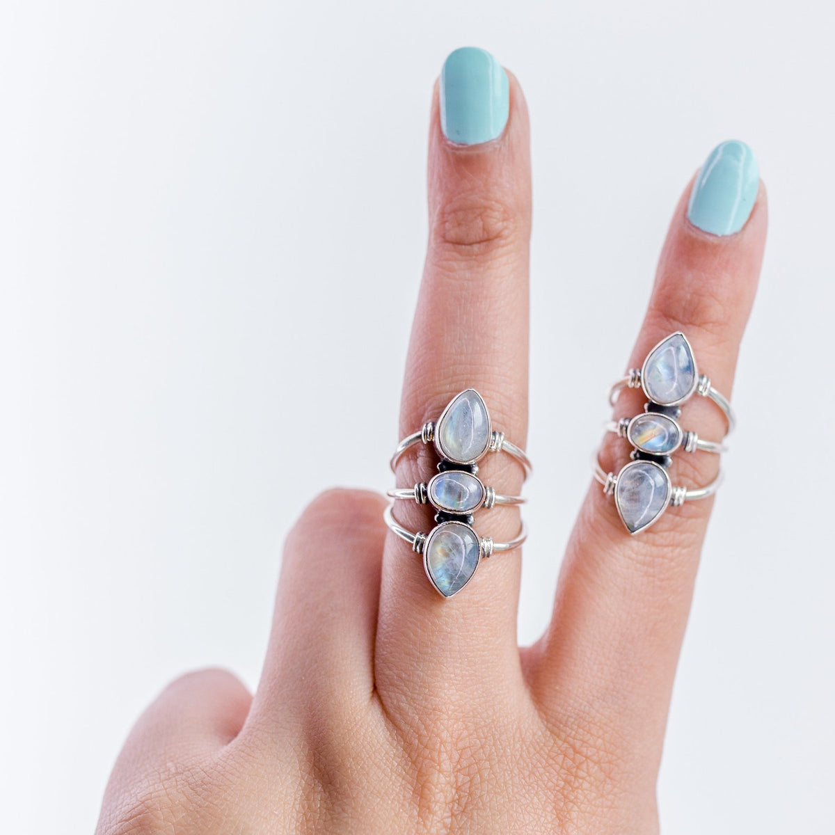 Three Gemstone Rainbow Moonstone Sterling Silver Ring, Statement Rings
