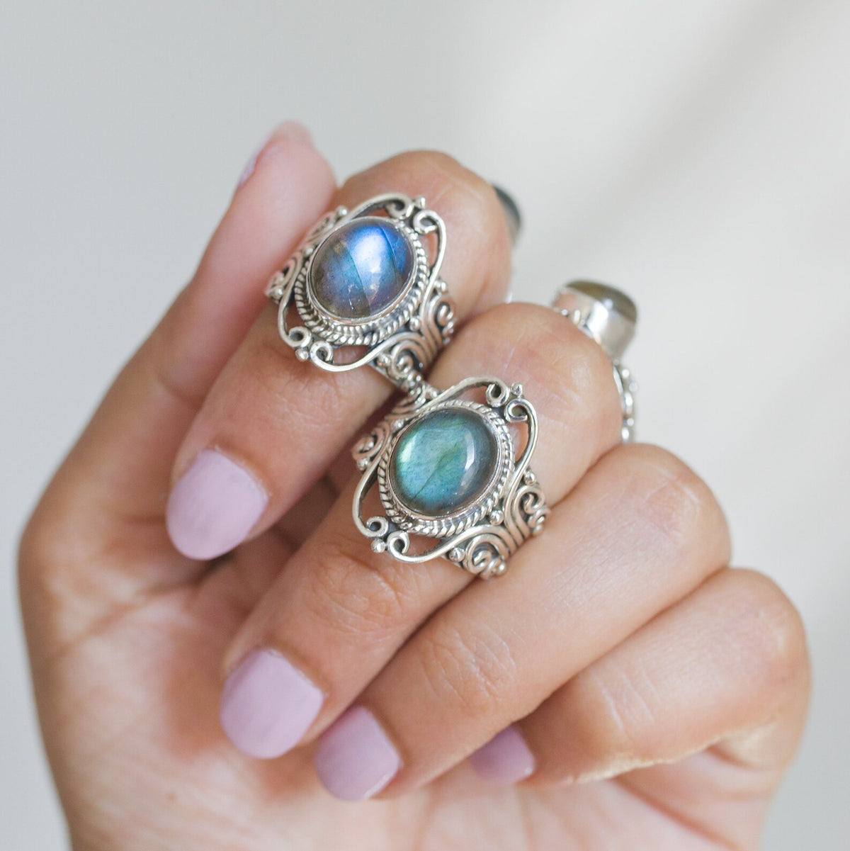 Oval Labradorite Bohemian Silver Ring - Dark Souls Ring