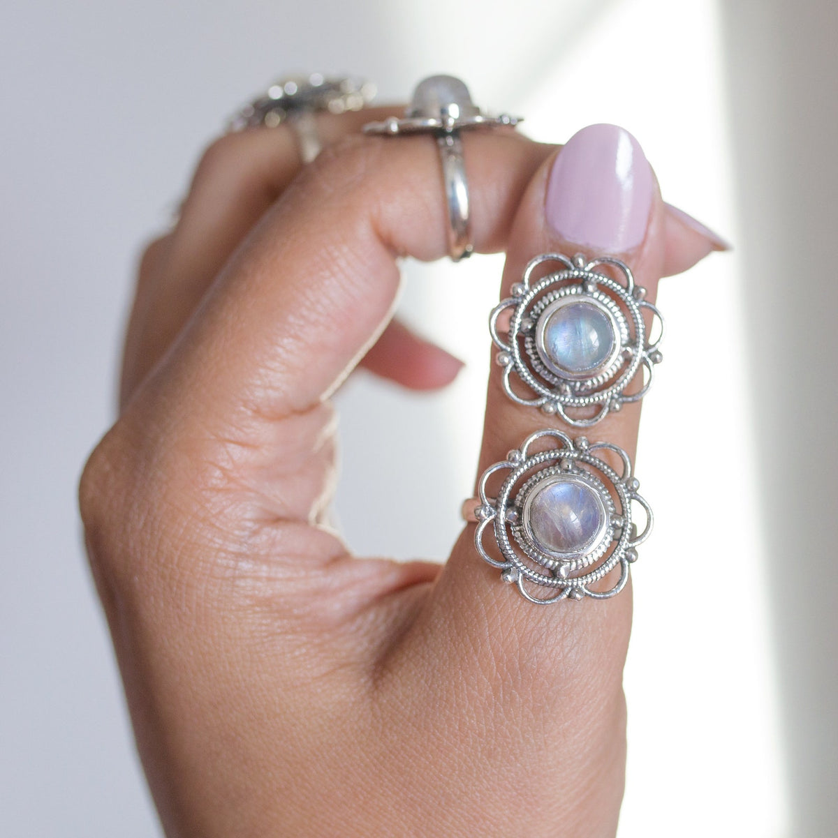 Round Moonstone Mandala Ring, Meditation Rings