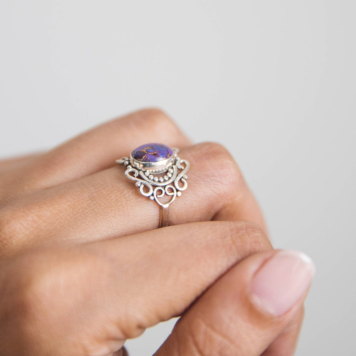 Purple Turquoise Ring - Copper Turquoise Ornate Silver Ring