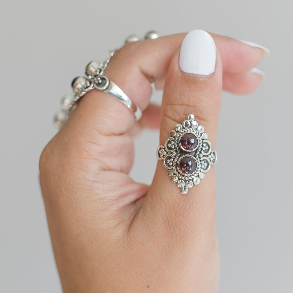 Garnet Boho Ring, Silver Cocktail Ring