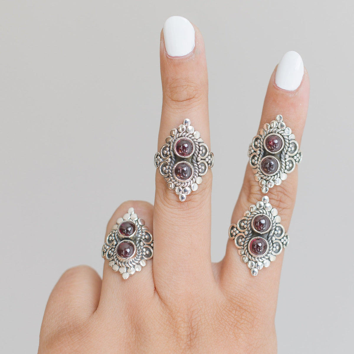 Garnet Boho Ring, Silver Cocktail Ring
