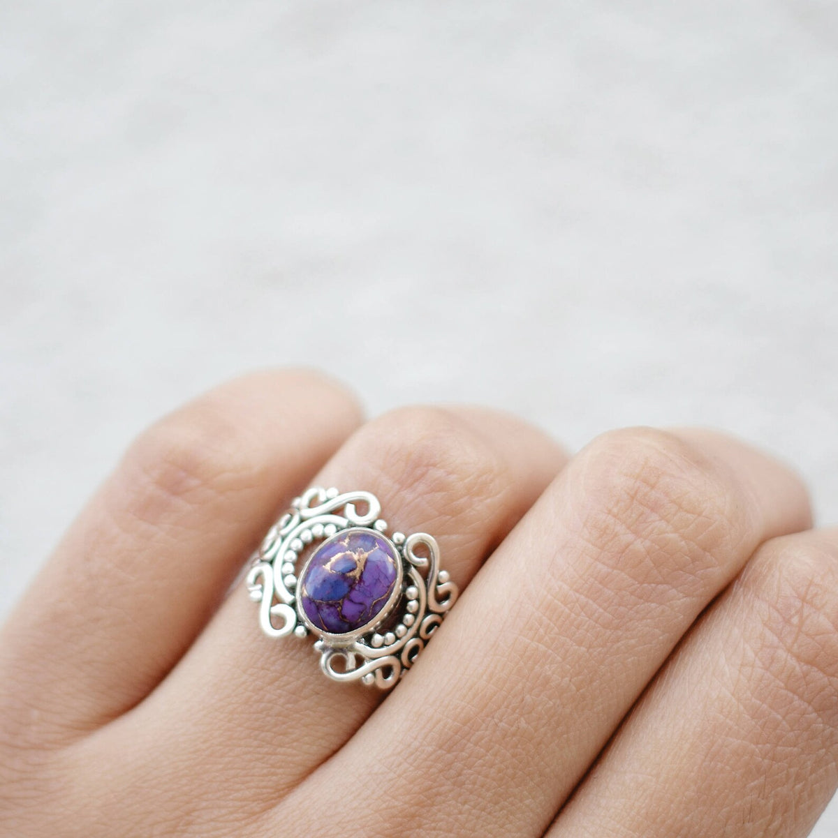 Purple Turquoise Ring - Copper Turquoise Ornate Silver Ring