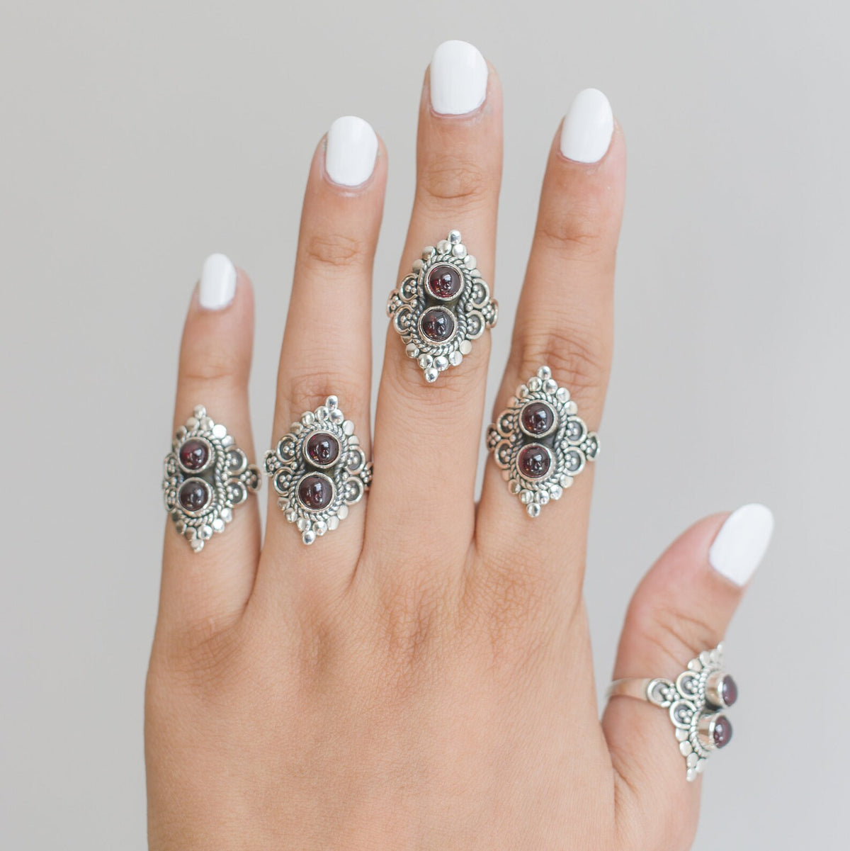 Garnet Boho Ring, Silver Cocktail Ring