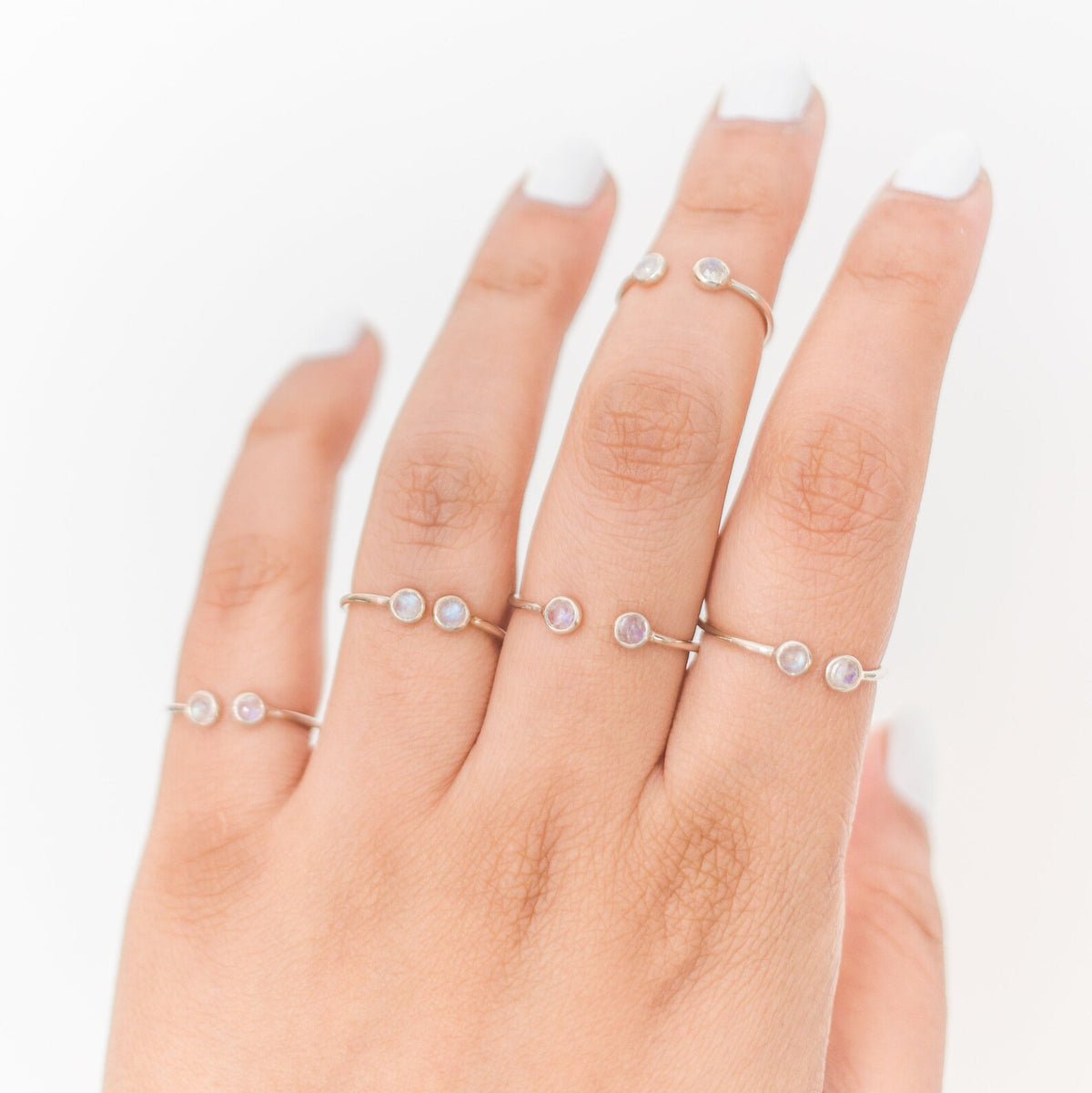 Blue Moonstone Adjustable Dainty Stacking Ring, Thin Silver Rings