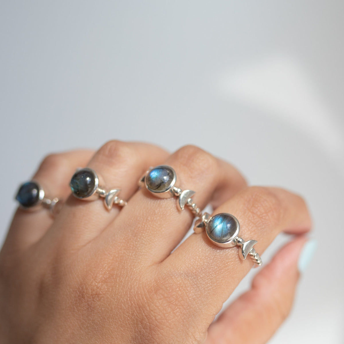 Round Labradorite and Sterling Silver Half Moon Ring