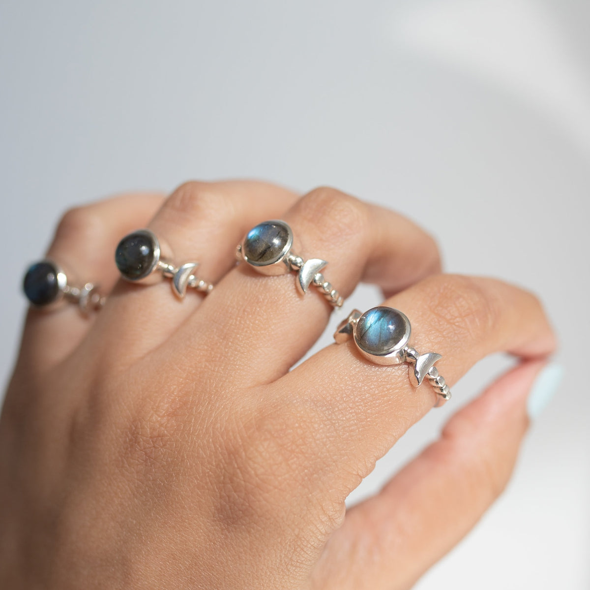 Round Labradorite and Sterling Silver Half Moon Ring