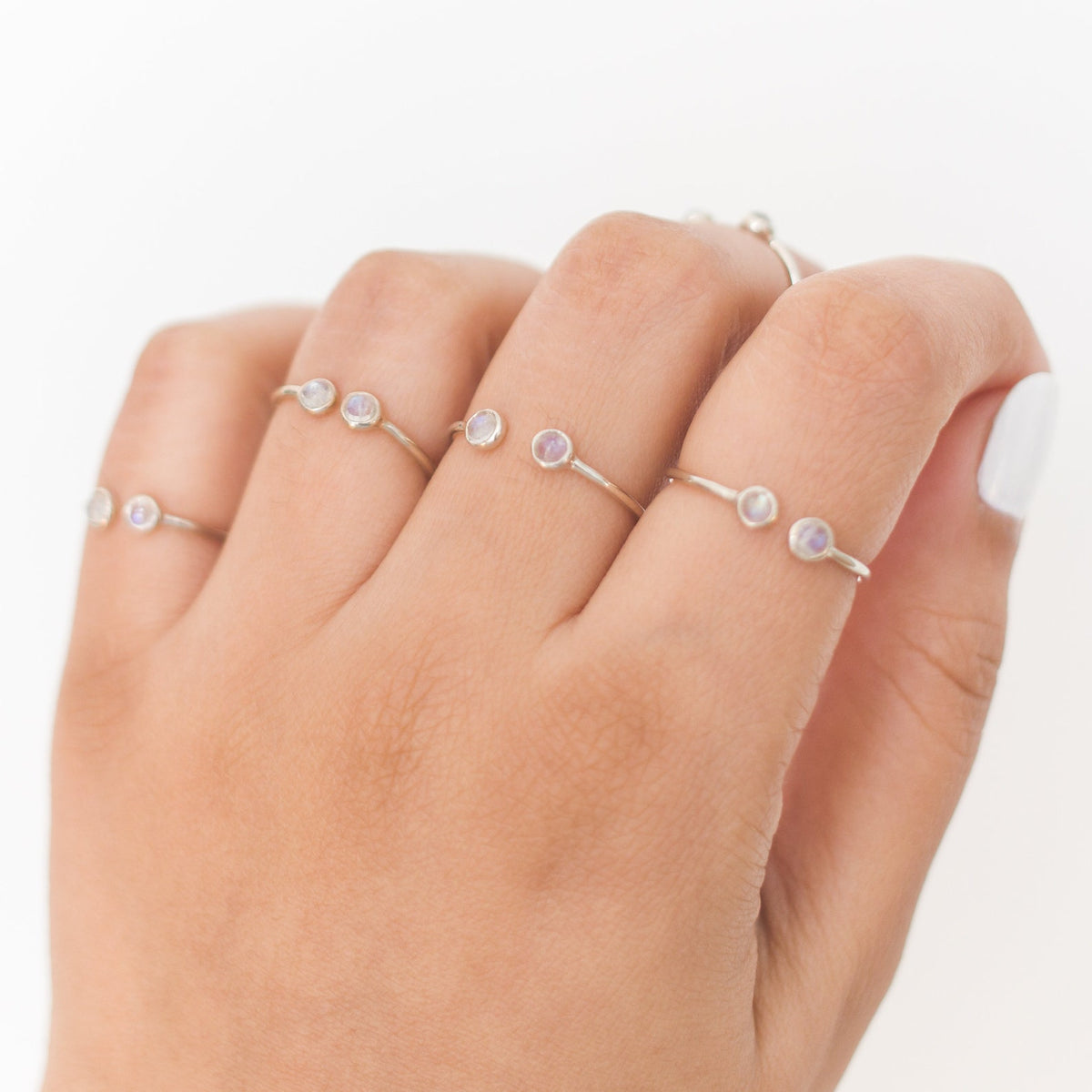 Blue Moonstone Adjustable Dainty Stacking Ring, Thin Silver Rings