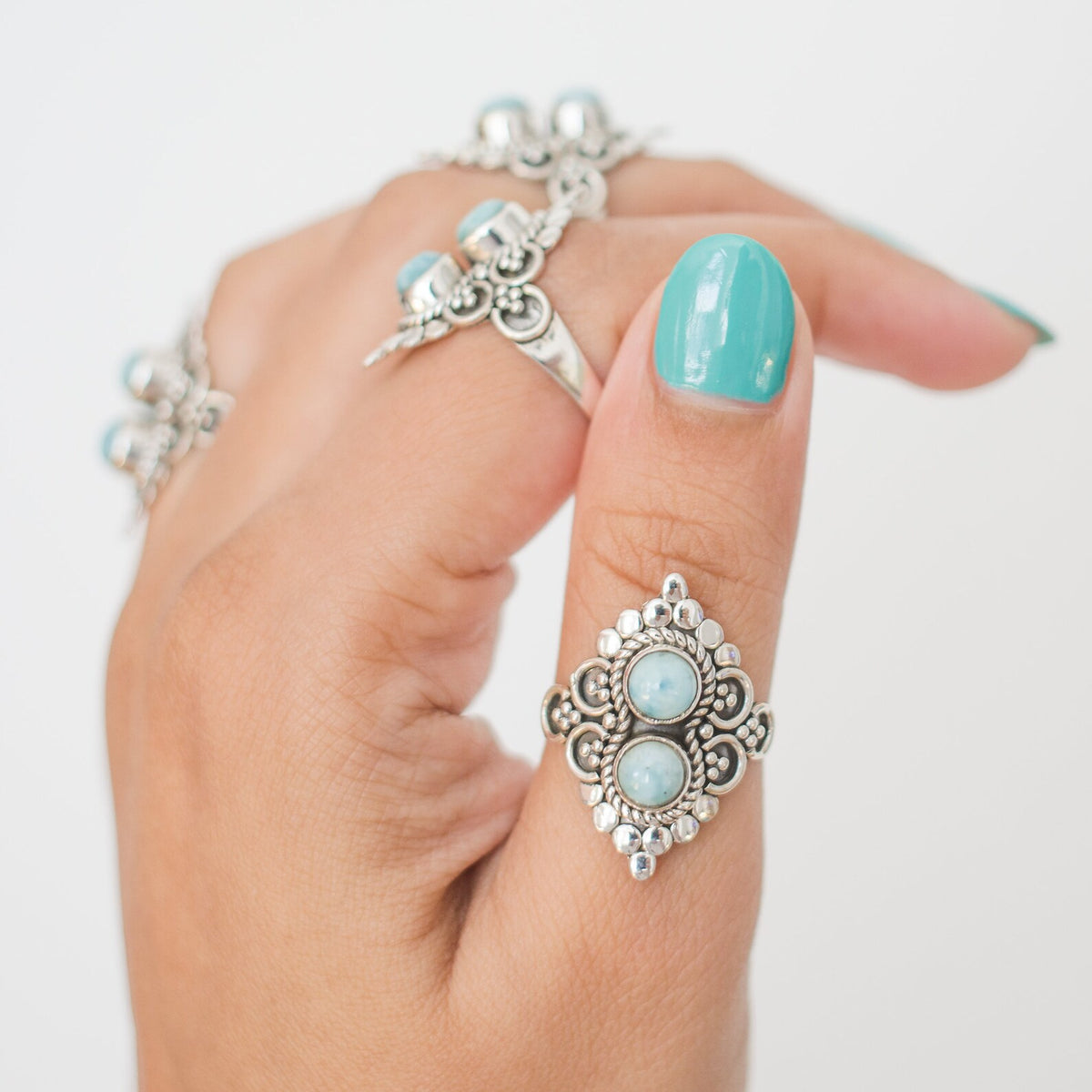 Larimar Boho Ring, Silver Cocktail Ring
