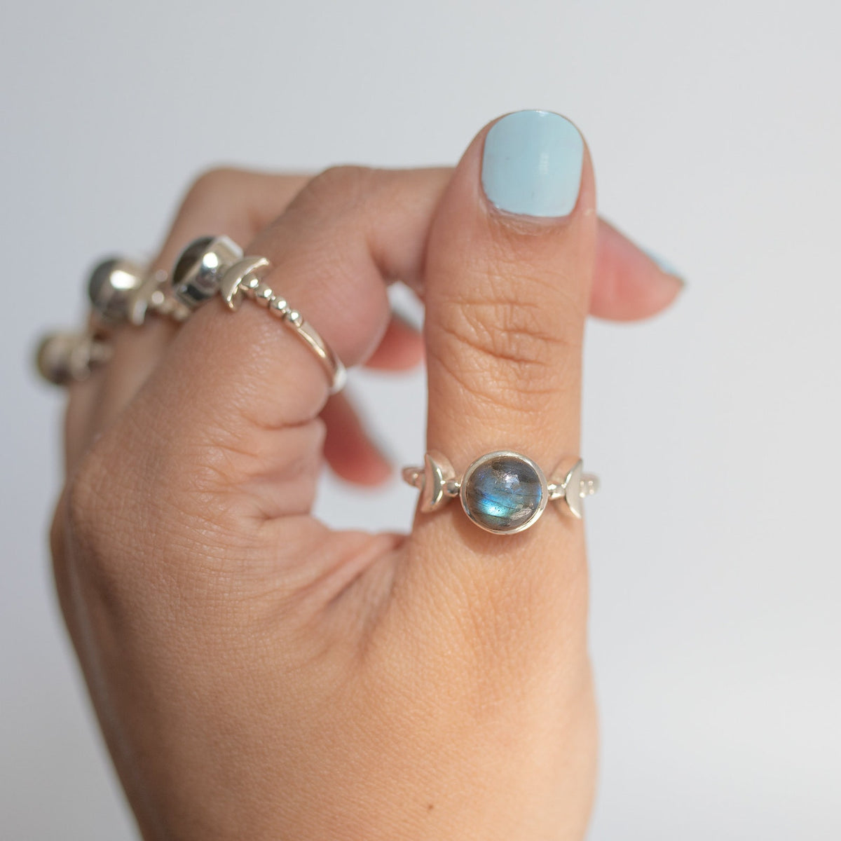Round Labradorite and Sterling Silver Half Moon Ring