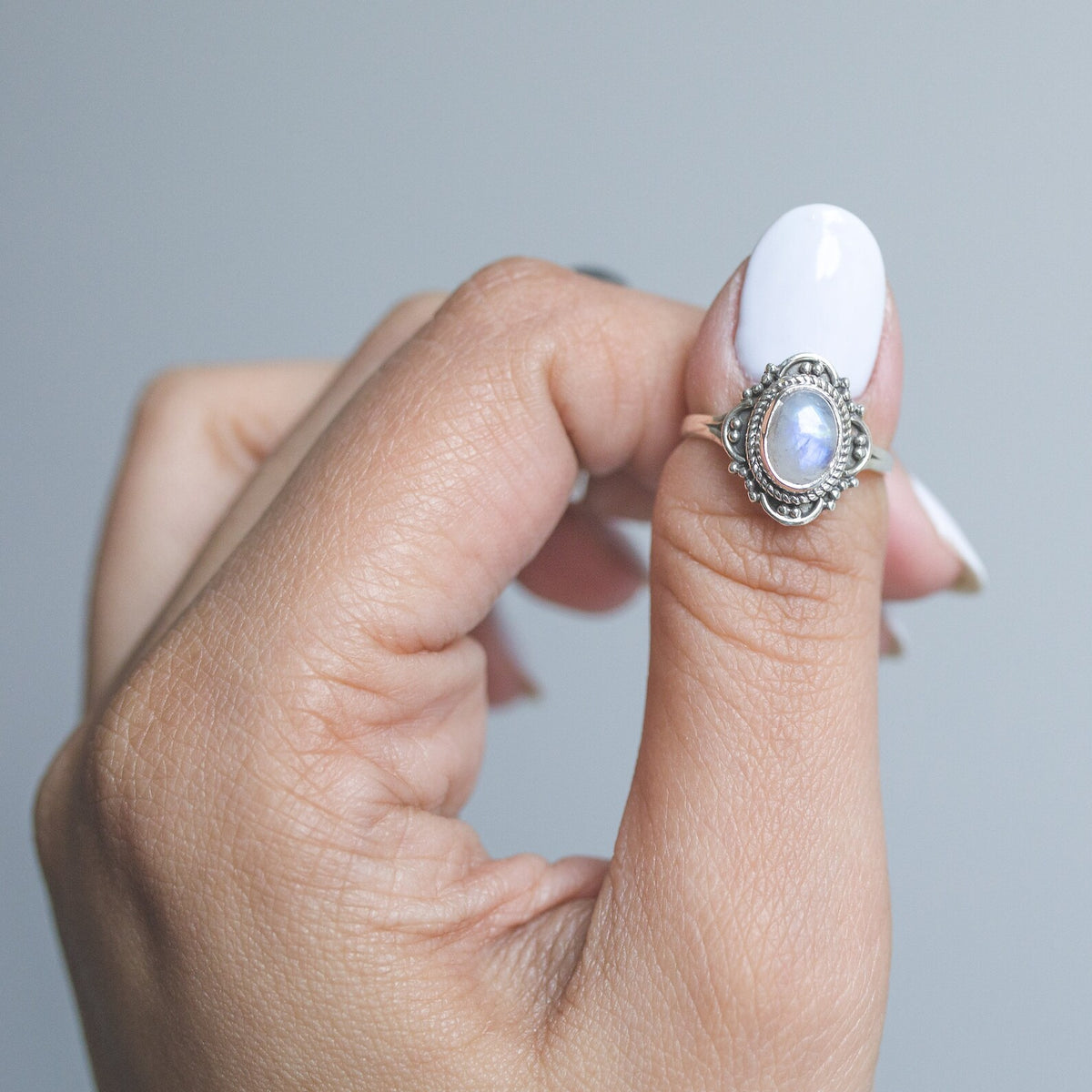 Blue Oval Moonstone Ring, Delicate Silver Ring