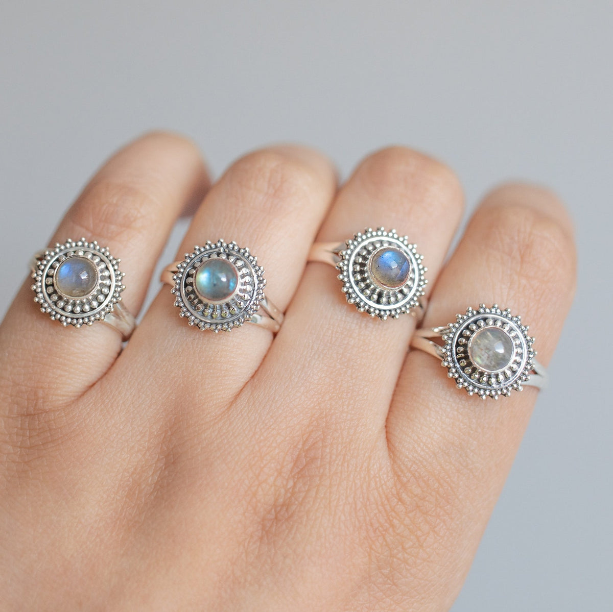Mandala Ring, Round Labradorite Circle Ring, Silver Dot Ring