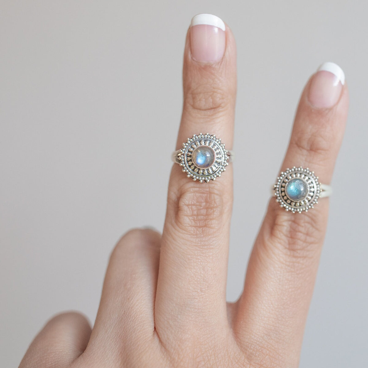 Mandala Ring, Round Labradorite Circle Ring, Silver Dot Ring