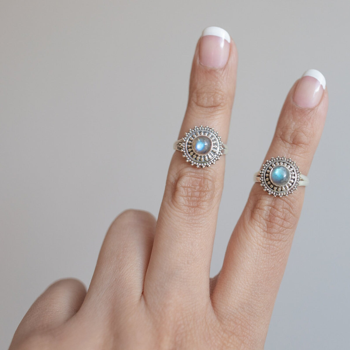 Mandala Ring, Round Labradorite Circle Ring, Silver Dot Ring