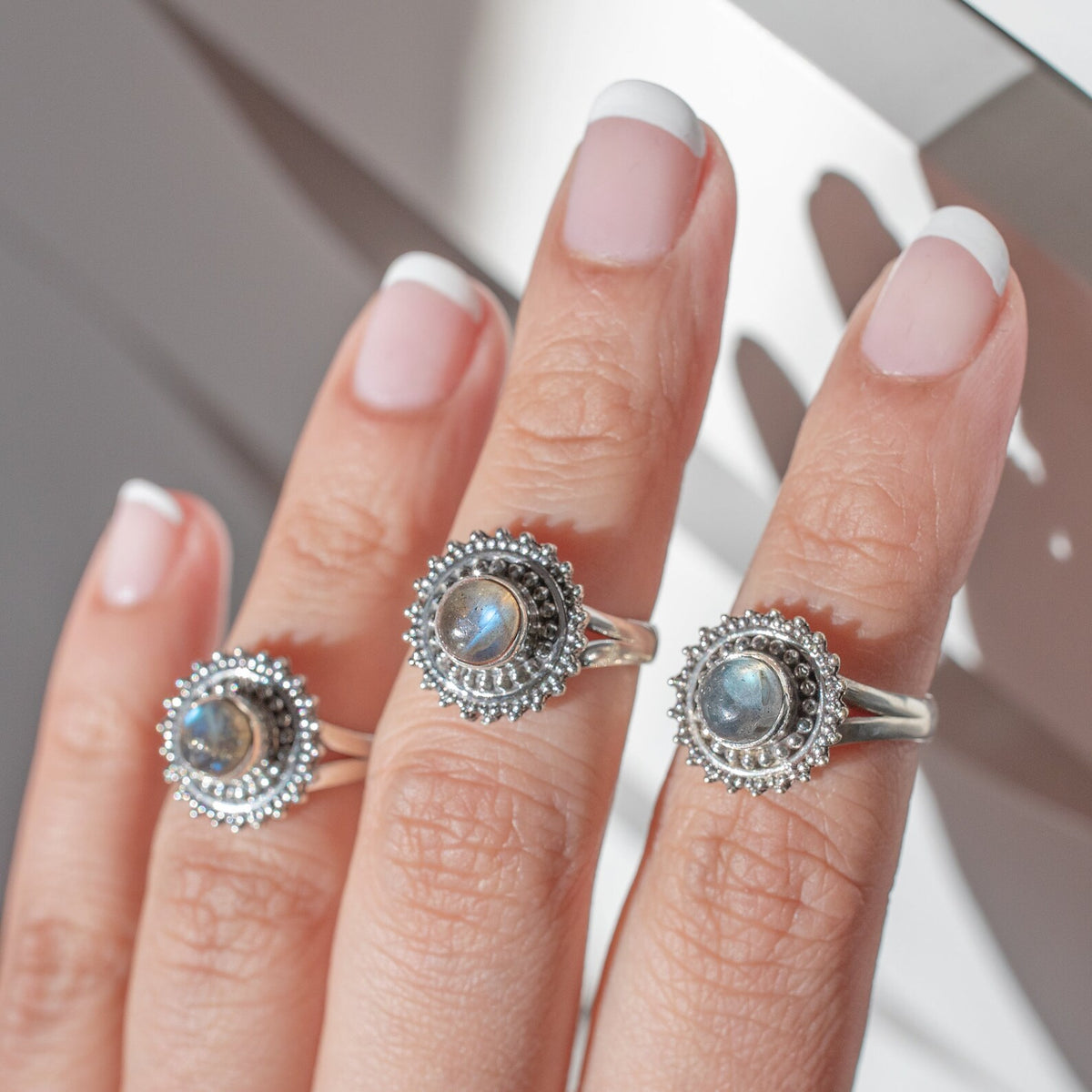 Mandala Ring, Round Labradorite Circle Ring, Silver Dot Ring