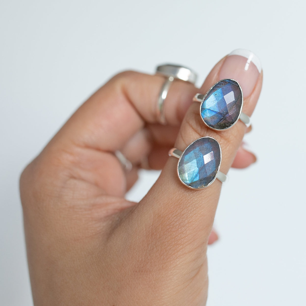 Rainbow Labradorite Crystal Ring, Rose Cut Labradorite Sterling Ring