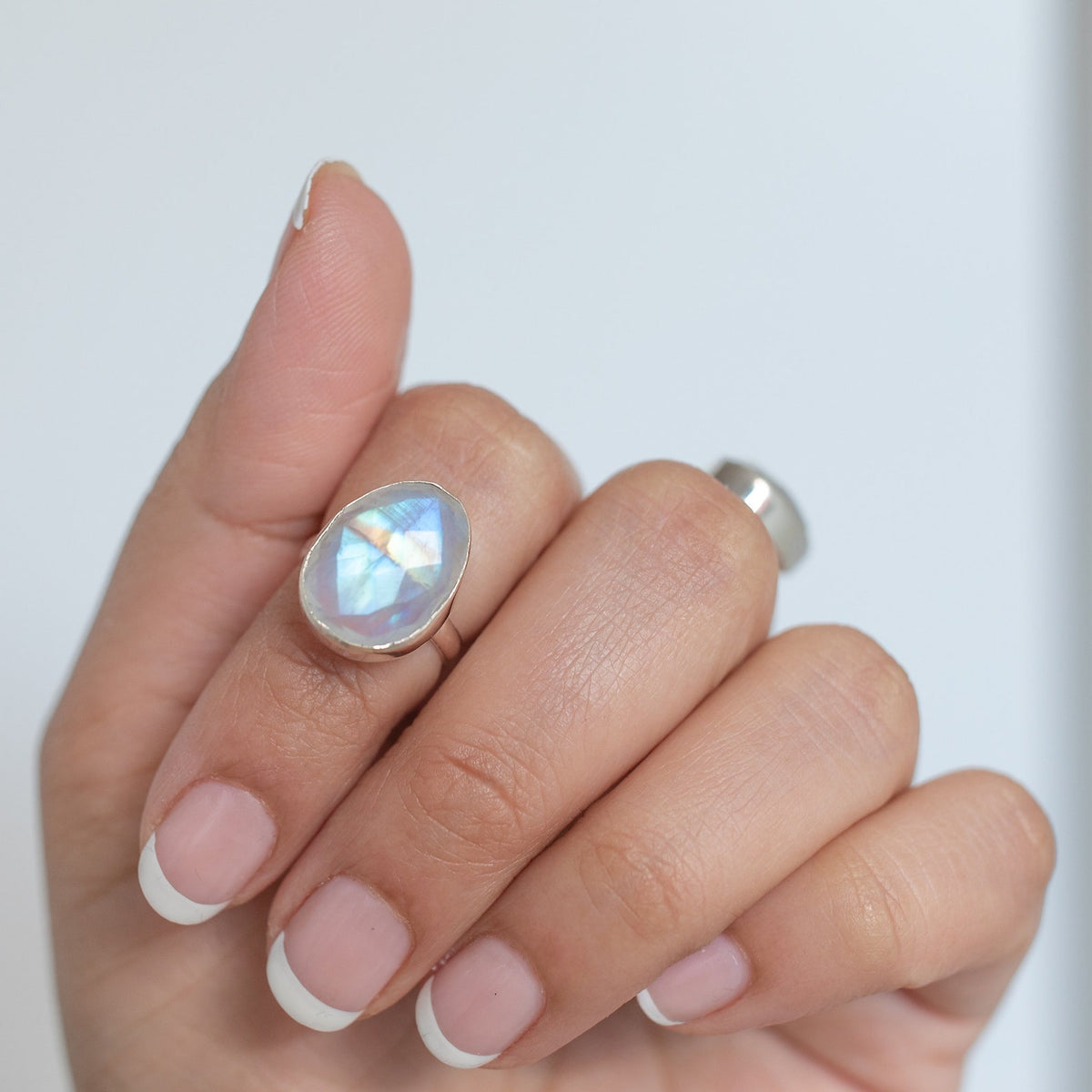 Rainbow Moonstone Crystal Ring, Rose Cut Moonstone Sterling Ring