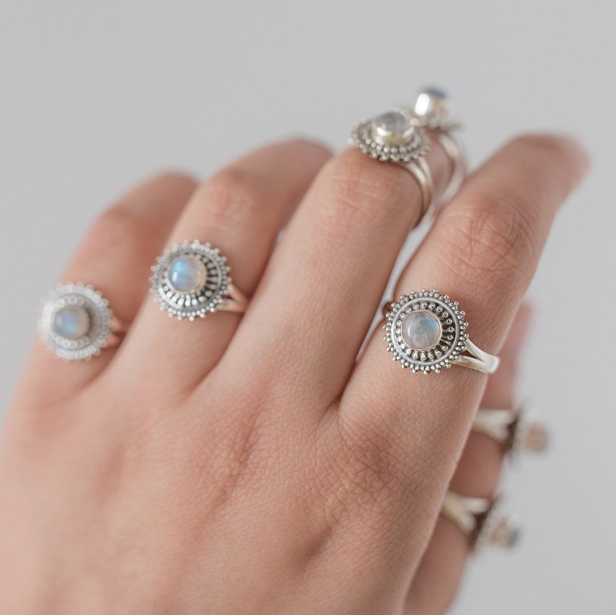 Round Moonstone Boho Statement Ring in Sterling Silver