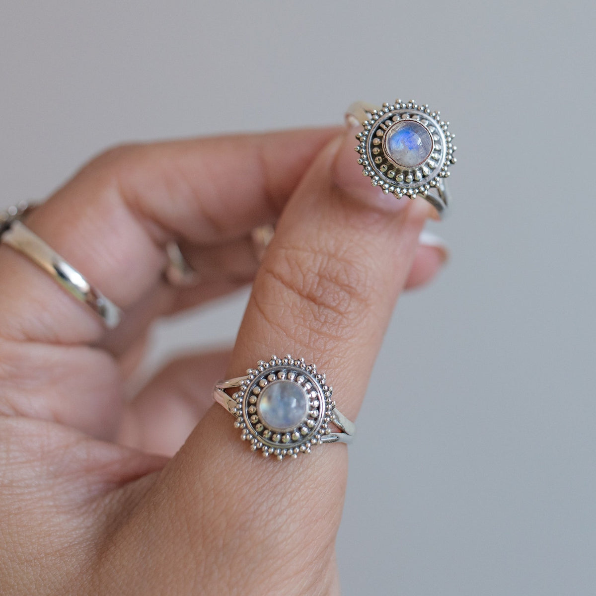 Round Moonstone Boho Statement Ring in Sterling Silver