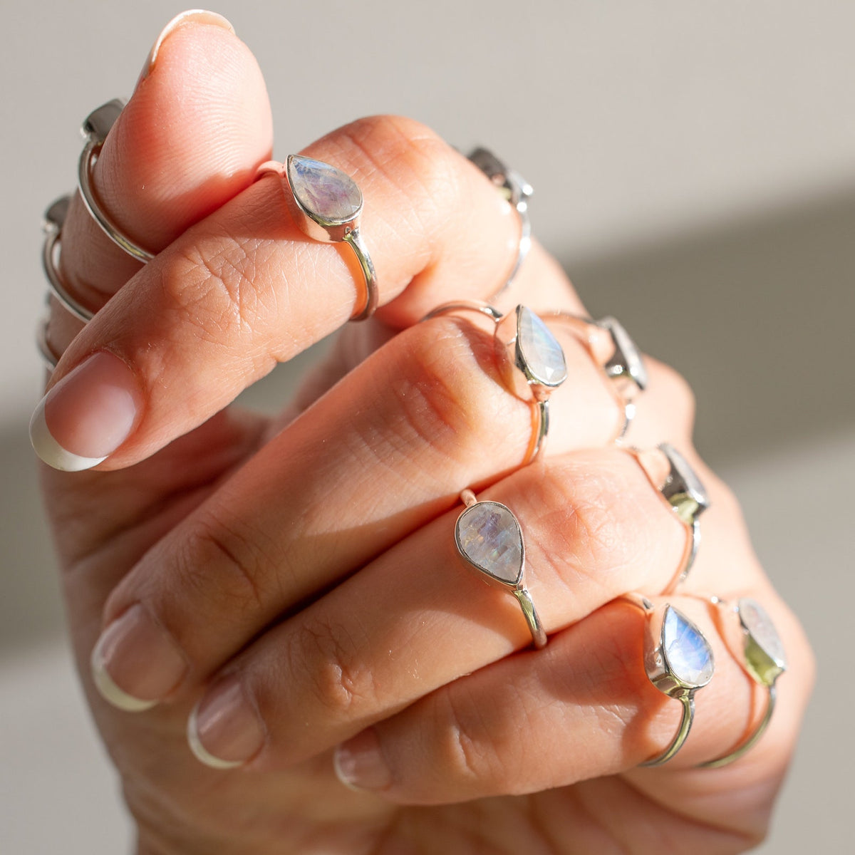 Minimalist Rainbow Moonstone Ring, Pear Moonstone Birthstone Ring