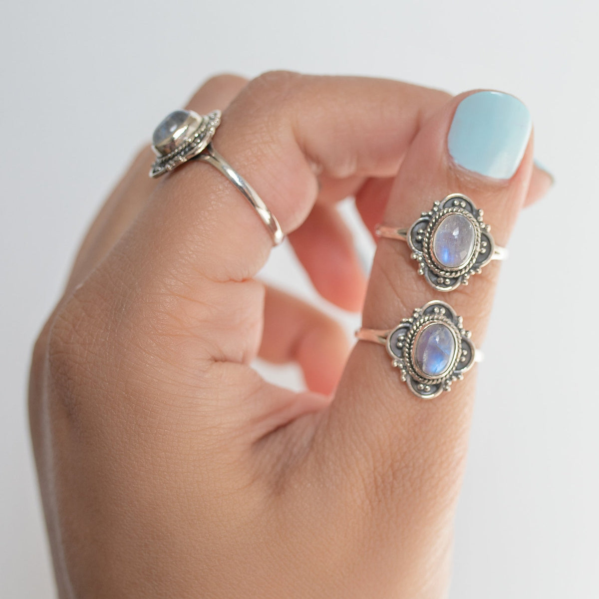 Blue Oval Moonstone Ring, Delicate Silver Ring