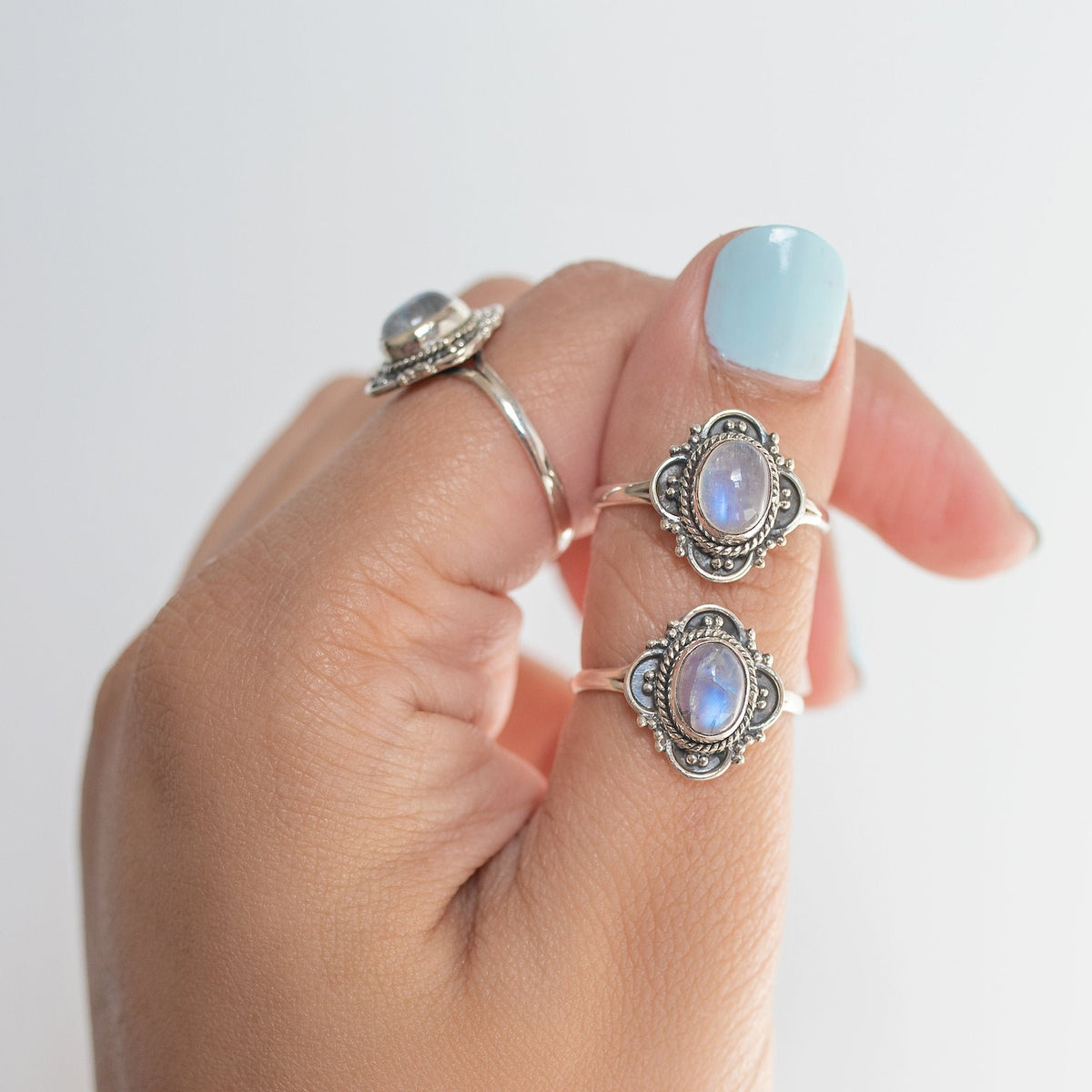 Blue Oval Moonstone Ring, Delicate Silver Ring