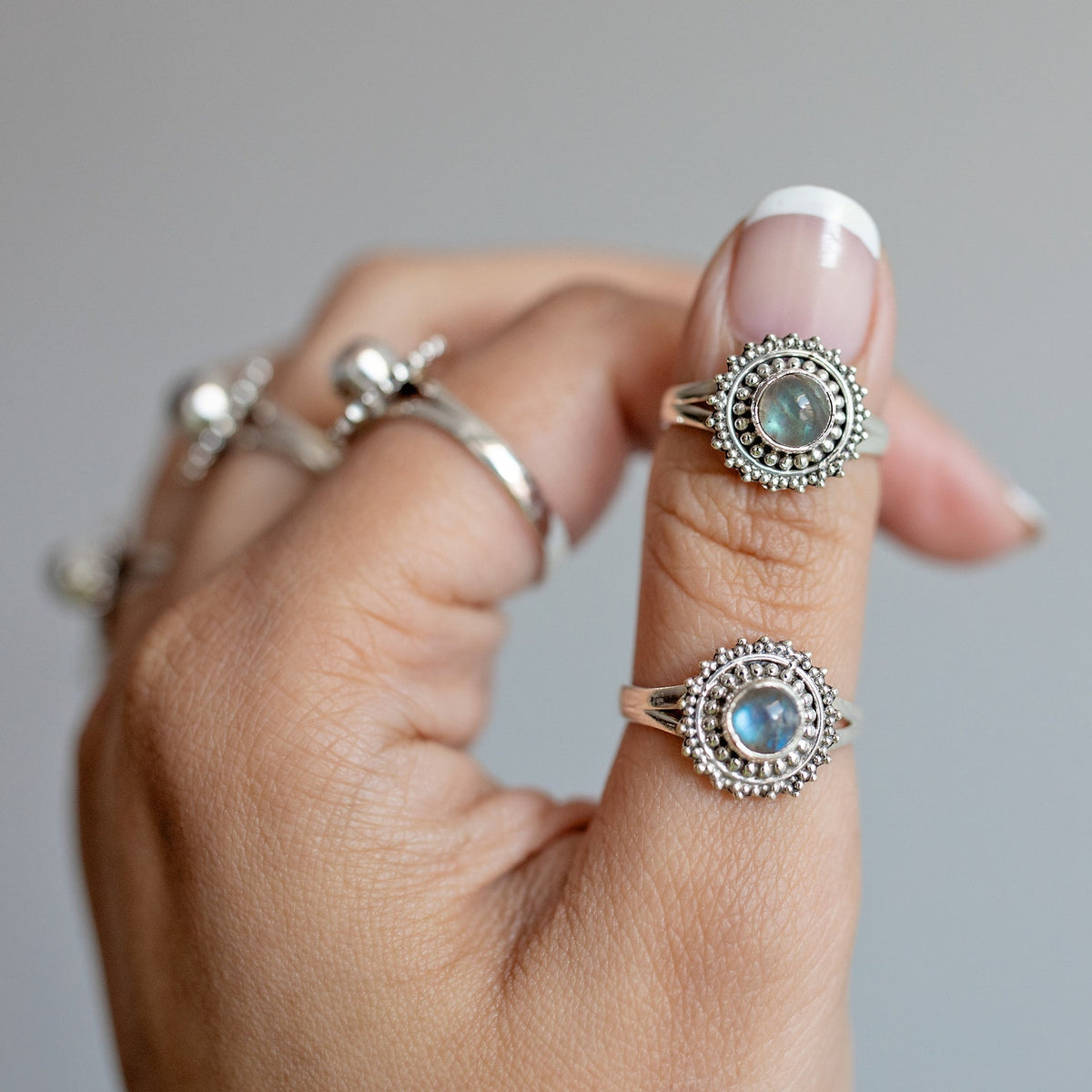 Mandala Ring, Round Labradorite Circle Ring, Silver Dot Ring