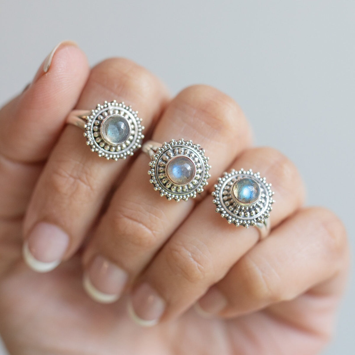 Mandala Ring, Round Labradorite Circle Ring, Silver Dot Ring