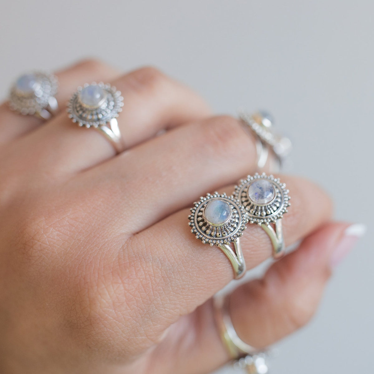 Round Moonstone Boho Statement Ring in Sterling Silver